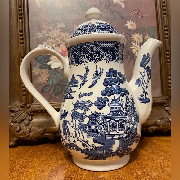 Churchill Blue and White Ceramic Teapot with inspection stickers still on